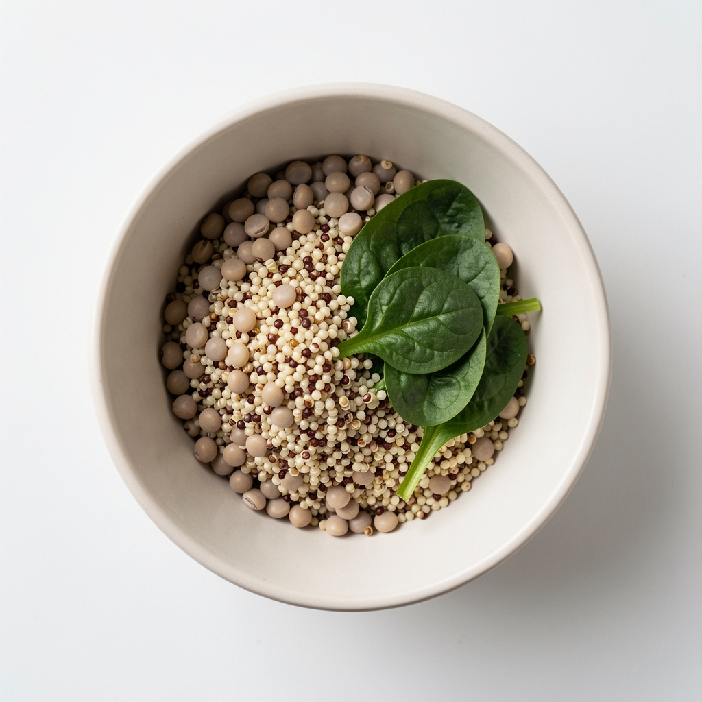 Linsen, Quinoa und frisches Spinatblatt in einer hellen Keramikschüssel auf einer schlichten weißen Oberfläche, Draufsicht, reduzierte Komposition
